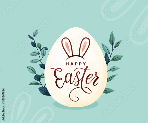 Happy Easter vector background. Greeting card with big easter egg, spring leaves in modern cartoon style, isolated on blue. Lettering text sign with bunny ears. Cute creative holiday concept