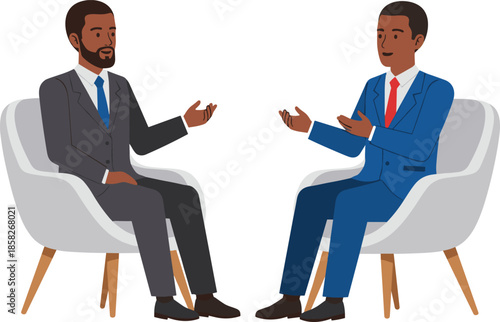 Two professional businessmen seated discussing ideas vector illustration representing corporate interview negotiation partnership communication leadership teamwork and business meeting concept