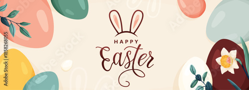 Happy Easter vector banner background. Greeting card with easter eggs, spring flowers, leaves in modern cartoon style. Lettering text sign with bunny ears. Cute creative holiday concept