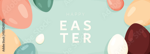 Happy Easter vector banner background. Greeting card with color easter eggs in modern cartoon style. Typography text design. Cute creative holiday concept