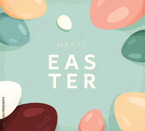 Happy Easter vector card background. Greeting pattern with color easter eggs in modern cartoon style. Typography text design. Cute creative holiday concept