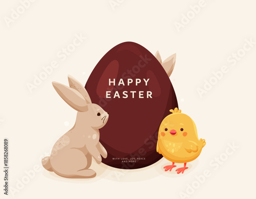 Happy easter vector background. Greeting card with chocolate egg, easter bunny, chicken, ears in modern cartoon style. Celebration typography for spring holiday