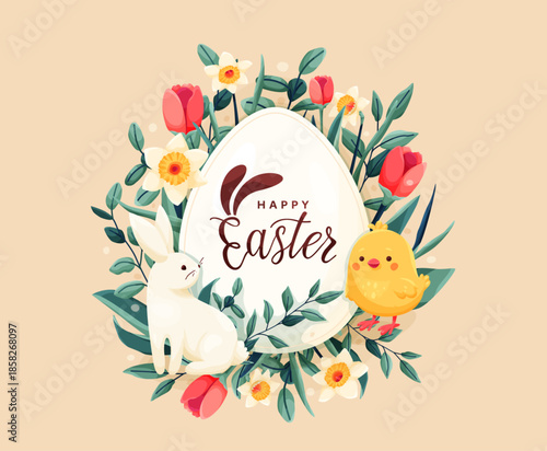 Happy Easter vector background. Greeting card with spring flowers, easter egg, bunny, chicken in modern cartoon style. Lettering text sign with bunny ears. Cute creative holiday concept