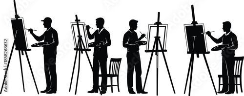 Four artists painting on easels silhouettes, men holding palettes and brushes in art studio, isolated, cad drawing flat vector illustration