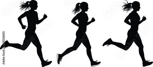 Running woman silhouettes side view, female jogger with ponytail, athletic training workout, fitness sport concept, isolated vector illustration
