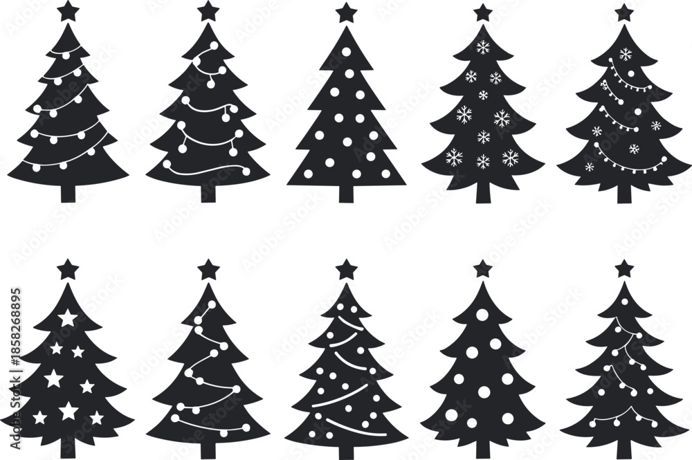 Fototapeta premium Ten Black Christmas Trees with Decorations and Stars