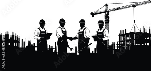 Construction engineers shaking hands silhouette, workers team on industrial building site with crane, partnership concept, cad drawing flat vector illustration