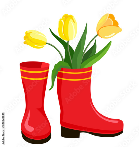 Beautiful flowers in rubber boot. Spring composition in cartoon style. Spring boots with tulips. Hello spring. Holiday design for women's day