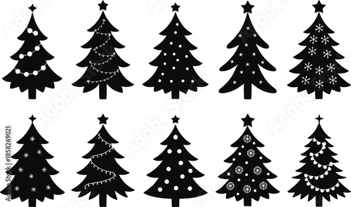 Ten black christmas trees with white decorations and stars on white background