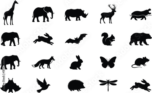 Wildlife animal silhouettes collection featuring mammals birds insects in various poses, nature fauna icons, black vector illustration set