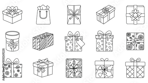 Collection of fifteen different black and white outline icons depicting various shapes and sizes of beautifully wrapped gift boxes and a paper shopping bag ready for coloring.