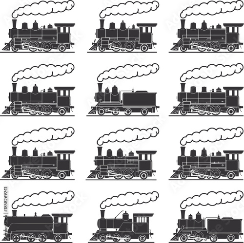 Twelve black and white steam train with smoke locomotive