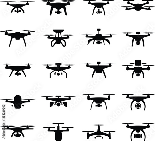 Twelve black drone silhouettes in various quadcopter