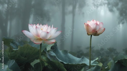 Two blooming lotus flowers amidst a serene misty landscape,