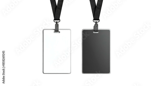 Two blank rectangular ID badges, one white, one black, with black lanyards against black