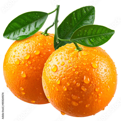 Two vibrant oranges with green leaves, glistening with water droplets, isolated