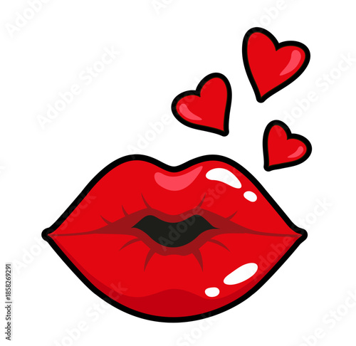 Female mouth icon. Cartoon red lips, kiss, air kiss with hearts isolated. Valentine's Day Poster with red lips and hearts.