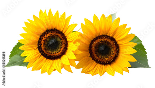 Two vibrant sunflowers in full bloom with visible petals and dark centers, set against black