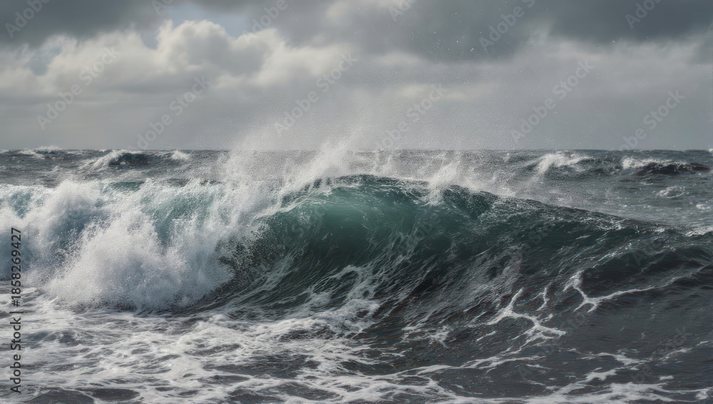 Fototapeta premium Powerful Ocean Waves Crashing Under a Dramatic Cloudy Sky.