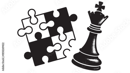 Chess King Piece Next to Incomplete Black and White Jigsaw Puzzle on White Background