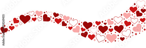 Flowing border with scattered hearts and small sparkles on white background. Romantic wave shapes for Valentine’s Day cards, banners and decorative designs. Flat vector illustration.