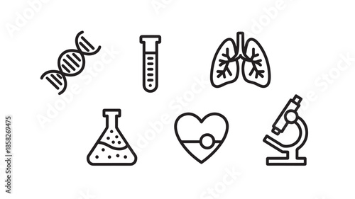 Medical Icons Set with DNA, Syringe, Lungs and Beaker, Heart, Microscope
