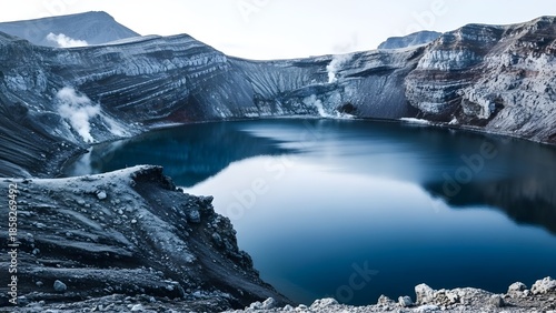 Wallpaper Mural A calm volcanic lake sits within a rocky crater, surrounded by steep mountain walls. Torontodigital.ca
