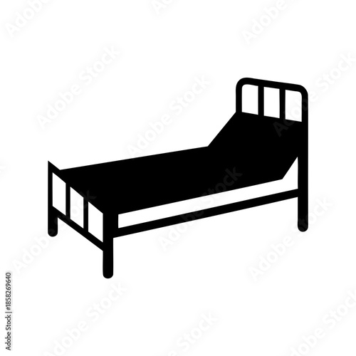 Black silhouette of a simple bed with headboard on white background