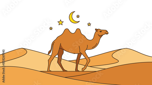 Camel in the desert under the moon and stars, a symbolic representation for Ramadan celebrations and spiritual journey