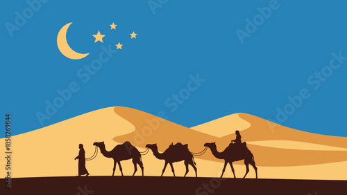 Desert camels journey under a starry night sky, reminiscent of Ramadan travel and contemplation