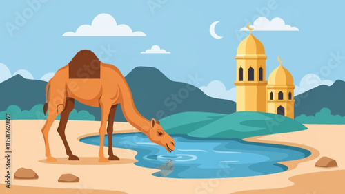 A lone camel drinks from an oasis near a mosque, a serene scene evoking the spirit of Ramadan and desert tranquility