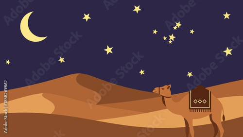 Desert camel under starry night sky during Ramadan, a symbol of journey and faith