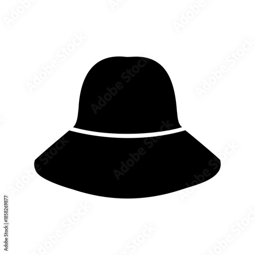 Simple black silhouette illustration of a wide brimmed sun hat isolated