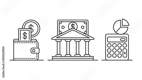 Financial Icons Set with Wallet, Bank, and Calculator