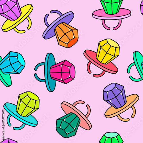 Ring Pop from 90s. Candy gem ring. Funny children lollipop ring pop. Plastic ring with a large diamond. Candy jewel. Pop art comic style 80s 90s