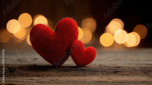 A cozy night scene featuring two soft red figures made of fabric or felt material,