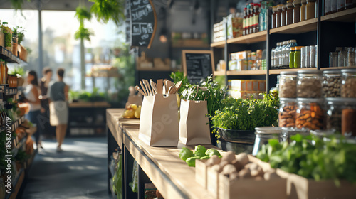 Fresh produce and herbs displayed in a market with customers shopping and exploring the aisles during daylight