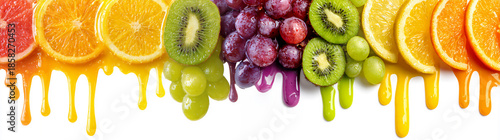 Colorful arrangement of fresh fruits with vibrant juices flowing down