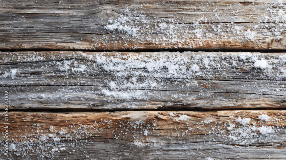 Naklejka premium Snow covers wooden boards on a chilly winter day in a rural area