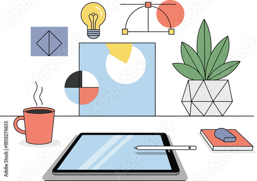 Modern Digital Artist Workspace with Tablet Stylus and Design Icons