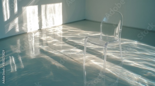 A transparent plastic chair stands alone in an empty room with glossy reflective flooring,