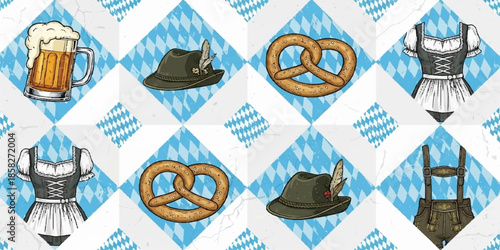 Vintage set of blue and white tile patterns and floral background elements for scrapbook card design featuring paper texture and vector art illustration icons