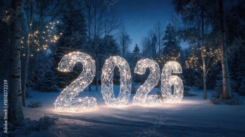 A snowy forest at night features illuminated wire numbers spelling 2026 surrounded by festive lights on trees creating a