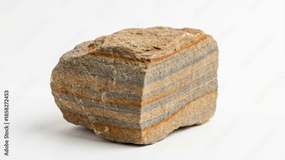 Obraz premium Sedimentary rock sample showing distinct layers isolated on white background clean and simple geology specimen