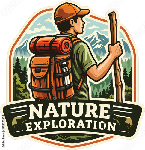 Nature Exploration Hiking Logo. Vintage Outdoor Adventure Badge with Backpacker and Mountain Landscape Illustration