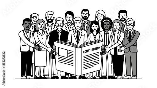 Diverse Group of People Holding Open Constitution Book Together.