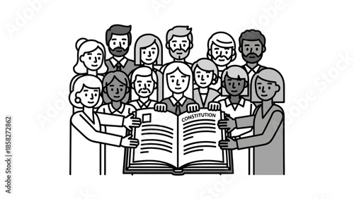 Diverse group of people reading a large open book together.