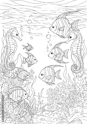 fish and seahorses in the depths of the sea. coloring book