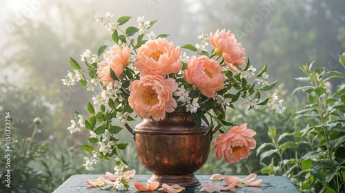 Peach Peonies and White Jasmine Bouquet in Copper Vase