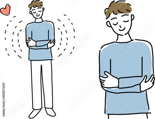 自分自身をハグする男性のゆるい線画セット（自己肯定）